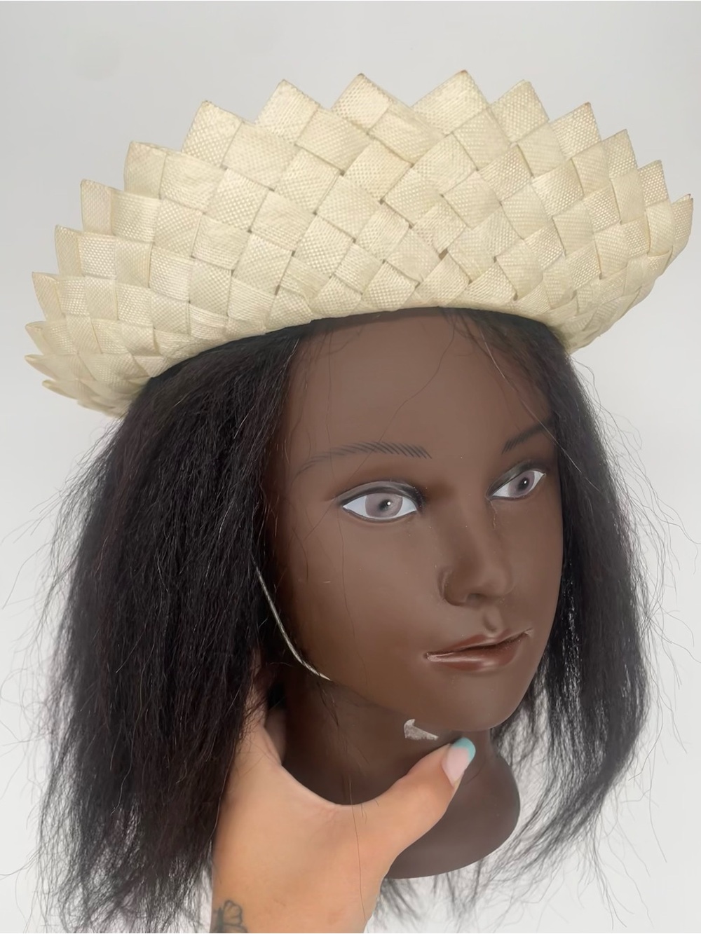 Vintage Cream Off White Woven Straw Hat W Velvet Bow Detail Sunhat Elastic Strap - Picture 5 of 16